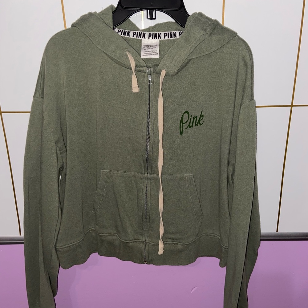 Cropped Olive Green PINK Zip Up Jacket